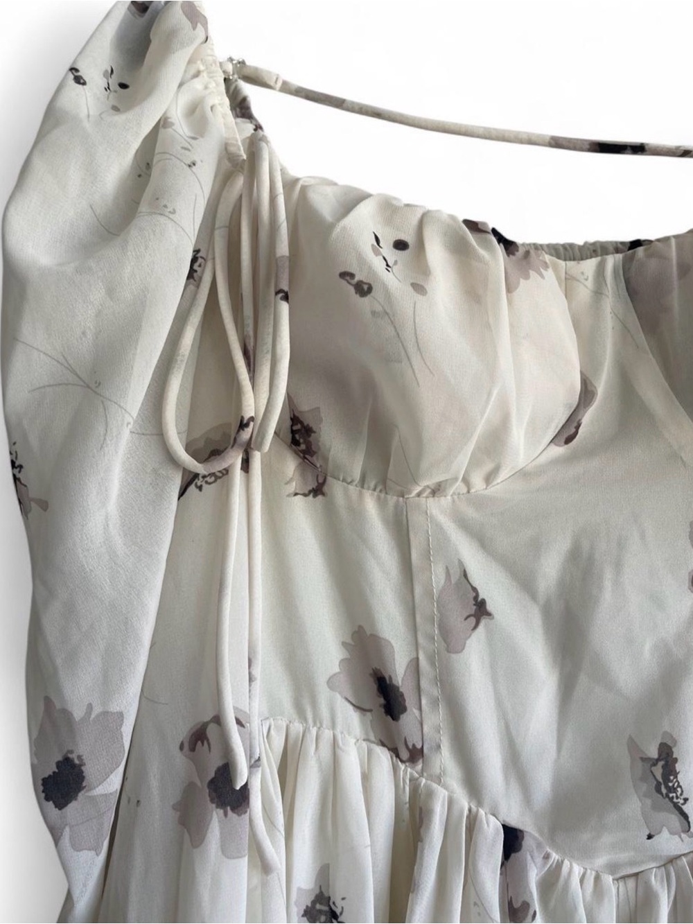 K-Fashion Floral Chiffon Puff Sleeve Smocked Corset Fairy Mini Dress | Cream M - Picture 7 of 16